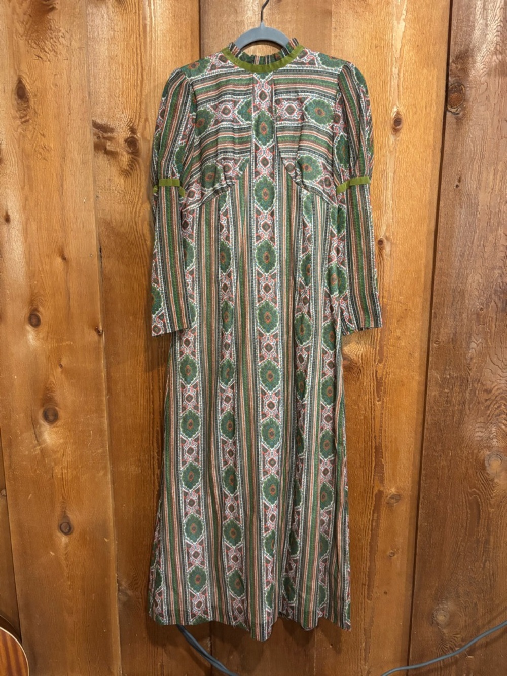 VTG 70s Sears Hawaiian Fashions Paisley Stripe Maxi Dress Green Boho Prairie